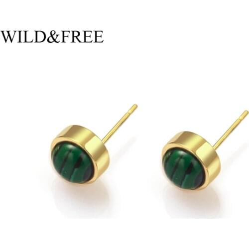 Wild&Free New Simple Stone Stud Earrings For Women Stainless Steel Jewelry Gold Round Metal Minimalist Studs Earrings Gift