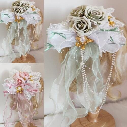 2021 Hot Sale Lolita Lace Pearl Hat Women Retro Net Yarn Tassel Hairpin Bow Flower Cosplay Tea Party Bonnet Hair Accessories