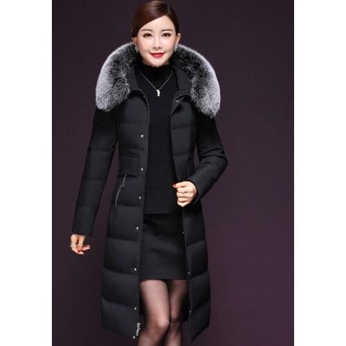 Womens hooded fox fur collar, Korean Long duck down jacket, winter warm