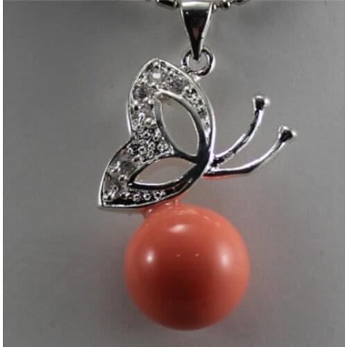 Womens fashion silver plated metal butterfly Accessories + Coral Pink Shell Pearl Pendant Necklace