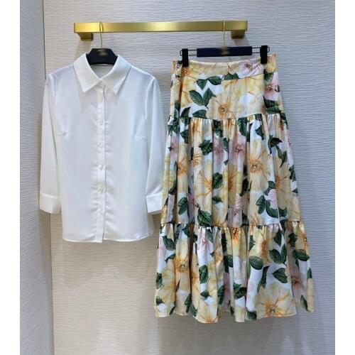 2021 spring women elegant slim skirt set single breasted white blouses + floral printed a-line long skirt 2 pieces set Y379