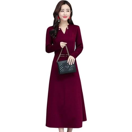 Big Swing Dress 2019 Spring Autumn Womens Long Dress Long-sleeved Elegant Pullover Stretchy Dresses V Neck Casual Dress L37