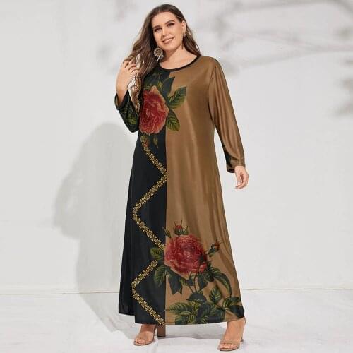5XL Plus Size Winter Dress Women Long Sleeve Contrast Floral Print Casual Dress Loose Oversize Maxi Long Muslim Islamic Clothing