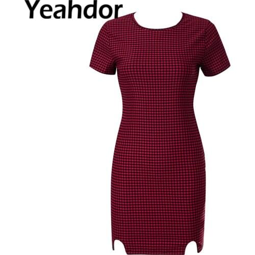 2021 Women Fashion Dresses Casual Daily Wear Plaid Print Round Neck Short Sleeves Above Knee Length Slim Fit Dress Streetwear