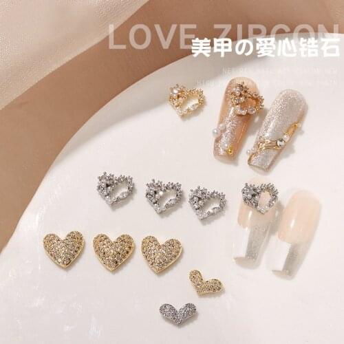 10pcs/lot 3D Hollow Love Heart Alloy Nail Art Zircon Pearl Crystal Metal Manicure Nails Accessories Supplies Decorations Charms