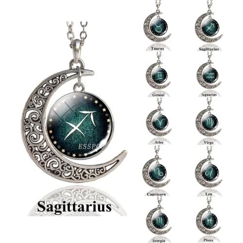 12 Constellation Gemini Cancer Leo Virgo Libra Scorpio Sagittarius Crescent Moon Pendant Necklace Vintage Chain Women Necklace