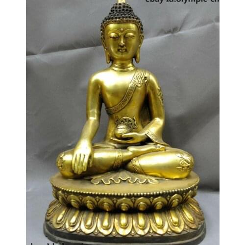 16" China bronze gild fine buddhism eight treasures Ratnasambhava Buddha Statue