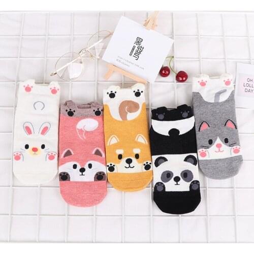 5 Pairs/Lot Kawaii Women Socks Cartoon Dog Rabbit Panda Ankle Socks Ins Cute Funny Candy Color Novel Cotton Socks Christmas Gift
