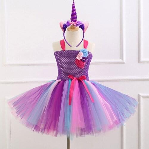 7 Style Flower Girls Unicorn Tutu Dress With Headband Fancy Girl Party Dress Rainbow Tulle Princess Dress Kids Halloween Costume