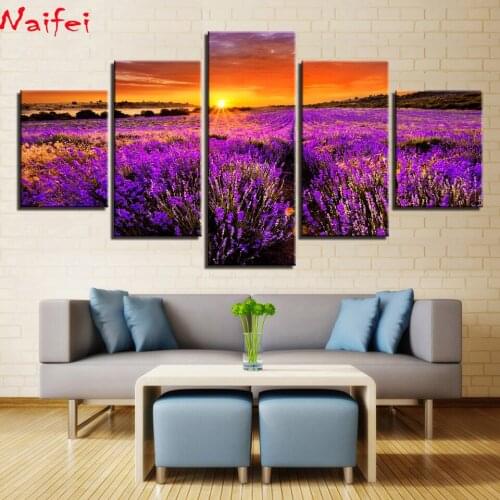 Diamond Painting Sunset Landscape 5 Pieces Lavender Flowers Diamond Mosaic Sale Home Decoration Diamond Embroidery Full Square
