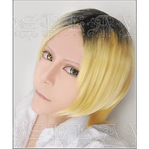 Anime Haikyuu!! Kenma Kozume Cosplay Wigs Short Blonde And Black Heat Resistant Synthetic Hair Wig + Wig Cap