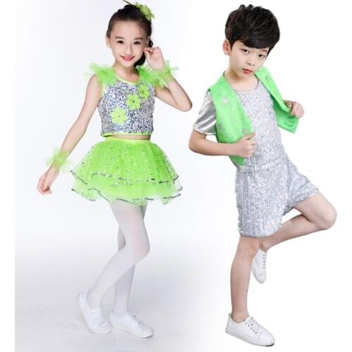 Kid green silver hip hop gymnastics jazz costume flash paillette stage dance wear tutu skirt for girl boy children