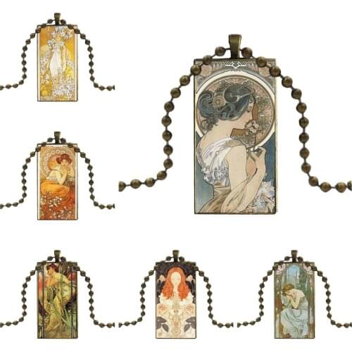 For Women Wedding Gift Fashion Necklace Handmade Rectangle Shape Choker Necklace Jewelry Multi Designs Alfons Mucha Primavera