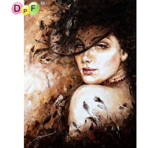 DPF Diamond Embroidery Needlework black hat woman 5D Round full Diamond painting Cross Stitch diamond Mosaic home decor crafts