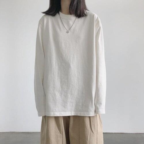 Womens Long-Sleeved T-Shirt Loose Casual Simple Solid Color Korean Pullover Purple White Mid-length Oversize Top