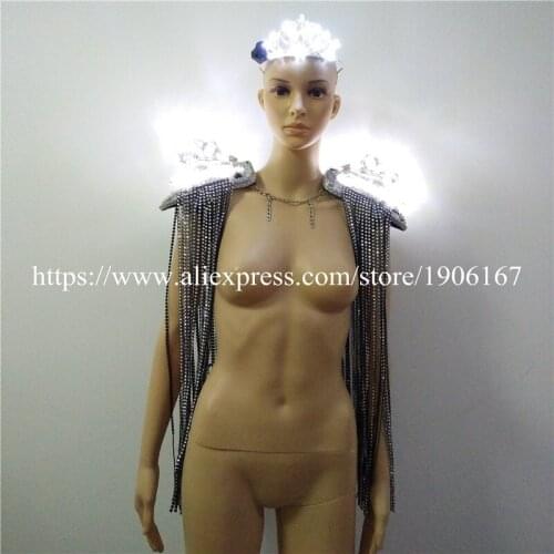 Crystal Fringed Epaulets Led Luminous Women Shoulder Vest Wedding Crown Ballroom Costume Dancing Nightclub Party Dress Clothes