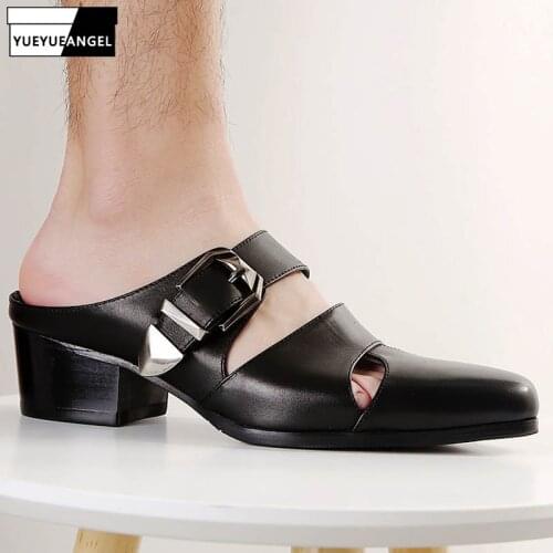 Summer Fashion Mens Genuine Leather Slippers Pointed Toe Buckle Hollow Leather Shoes 2019 New Brand Male Black Sandals Quality