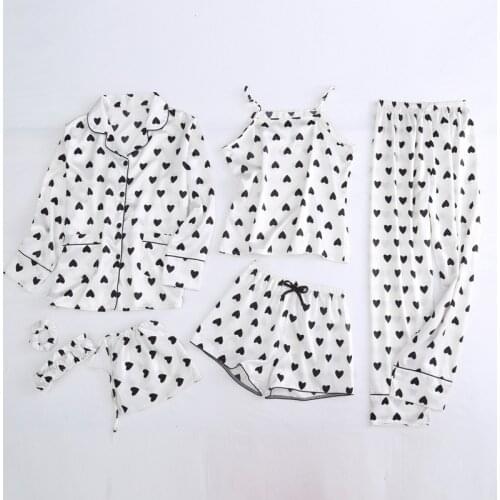 Summer Cartoon Satin Pajamas Sets Women 7pcs/set Long Sleeve Tops Camisole Shorts Cartoons Home Clothing Sexy Sleepwear Mujer