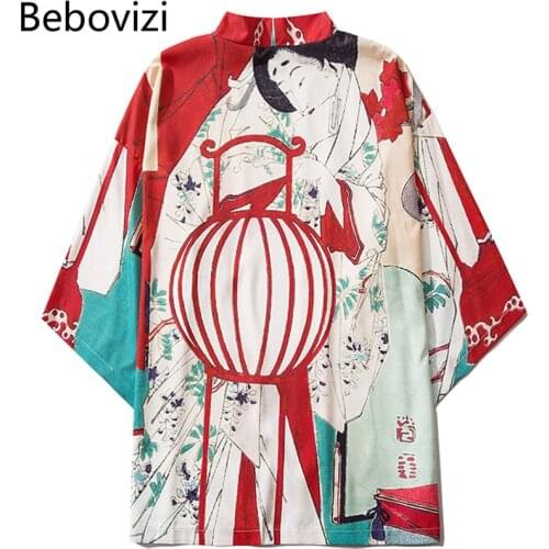 Summer Man Geisha Print Clothing Jacket Shirt Asian Yukata Haori Vintage Japanese Kimono Traditional Woman Cardigan