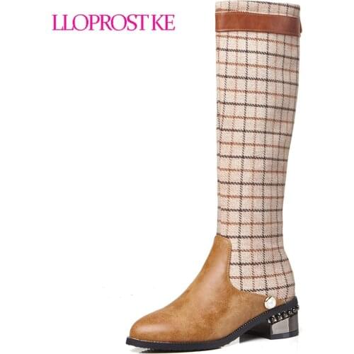 Lloprost ke 2018 Winter Gothic Plaid Brown Black Boots Mid Calf High Pointed Toe Medium Block Heel Shoes Long Knight Women Boots