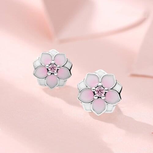 Cute Female Pink White Enamel Earrings Elegant Silver Color Weddiing Earrings Trendy Flower Small Stud Earrings For Women