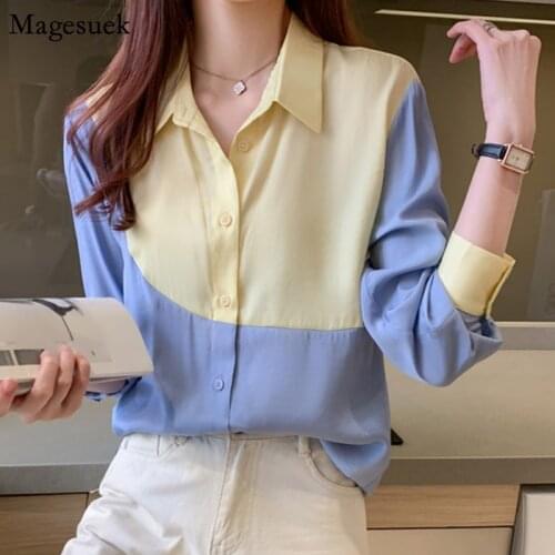 Autumn Korean Long Sleeve Shirt Women Color Patchwork Fashion Ladies Tops And Blouses Casual Cardigan Office Blouses Women 11373