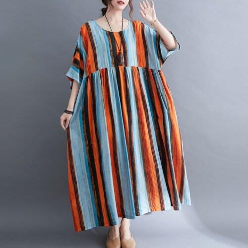 Plus Size 4XL 5XL 6XL A-Line Maxi Women Dress Sundress Oversize Short Sleeve Cotton Linen Dress Robe Female Loose Striped Dress