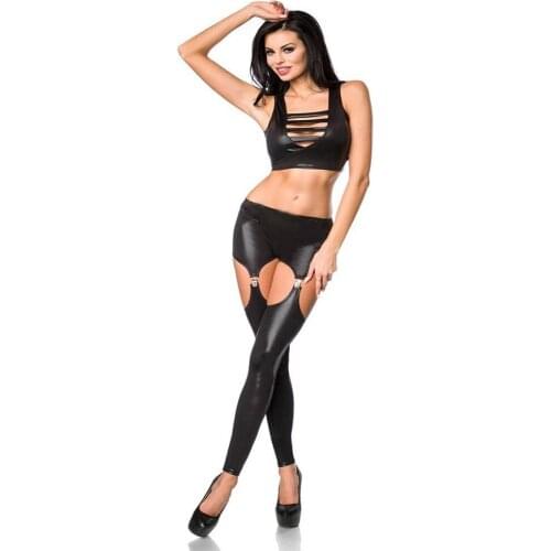 2Pcs/Set Sexy Sleeveless Crop Top Low Waist Hollow Out Garter Skinny Faux Leather Leggings Shiny Metallic Sex Party Club Costume
