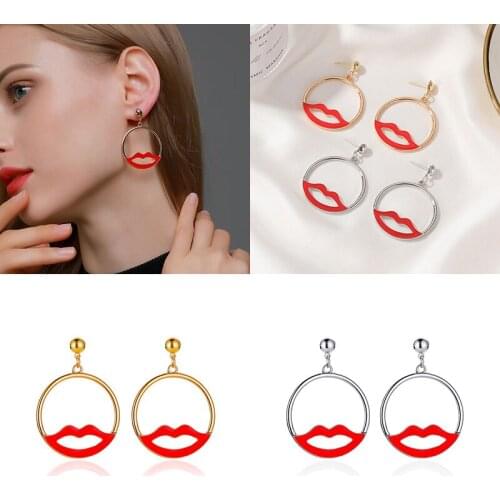 Gold Color Red Enamel Lip Mouth Earrings Round Shape Female Temperament Geometric Simple Fashion Vintage Metal Jewelry for Women