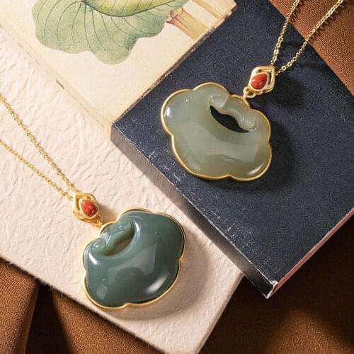 Hetian Gray Jade Pendant Necklace Retro Personality Jade Ruyi Safety Lock High-End Pendants Pendant Chinese Valentines Day Gift