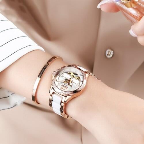 Female Watch Full Automatic Mechanical Watch Ceramic Strap Simple Fashion Hollow Note Waterproof Womens Watch 8831