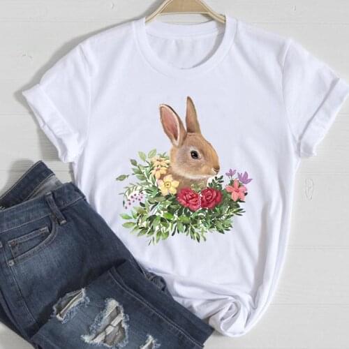T-shirts Women Rabbit Sweet Flower Floral 90s Spring Summer Fashion Clothes Stylish Tshirt Top Lady Print Ladies Tee T-Shirt