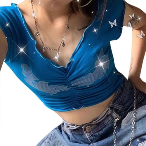 Fairy Grunge Graphic T Shirts Cyber Y2k 2000s Aesthetic Summer Clothes for Women Frill Short Sleeve Crop Top Femme Alt Crop Tops