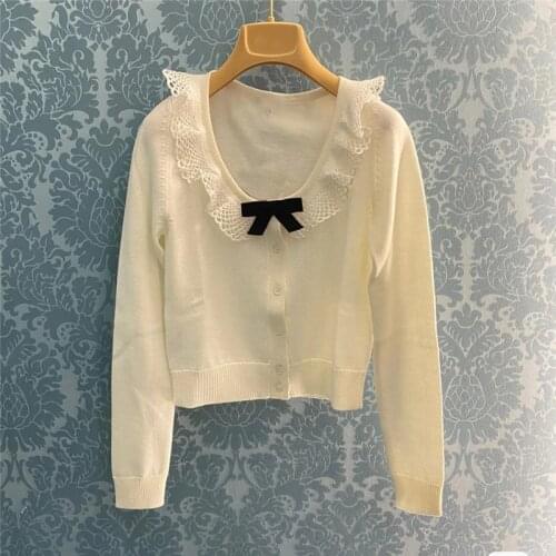 White Bow Sweet Women Fall Winter Sweater Temperament Doll Collar Hollow Knitted Single Breasted Cardigan Brand New Clothes