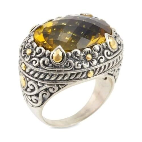Womens Fashion Carved Ring Elegant Retro Yellow Gemstone Ring Wedding Engagement Party Jewelry Anniversary Gift Size 5-11