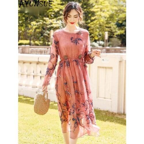 AYUNSUE 2021 New 100% Real Silk Dress Spring Summer Elegant Plus Size Dresses for Women Floral Beach Long Sleeve Vestido Mujer
