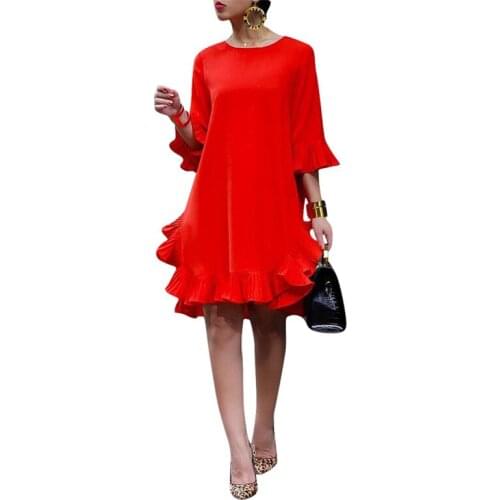 Adogirl o neck ruffles layers half sleeve casual dress women flare sleeve maternity dress pleated high waist korea style suits