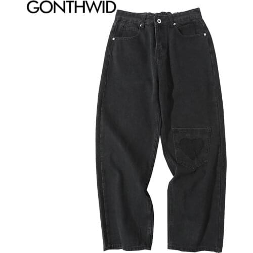 GONTHWID Denim Pants Streetwear Heart Patchwork Baggy Black Jeans Hip Hop Harajuku Fashion Casual Loose Elastic Waist Trousers