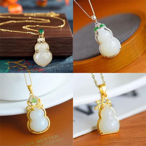 Natural Hetian white jade gourd Pendant Necklace Chinese style retro charm unique ancient gold craft womens brand jewelry