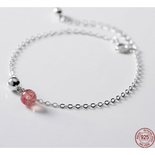 LKO New Arrive Fashion Silver 925 Simple Strawberry Crystal&Moonstone Bracelet For Women S925 Romantic Sweet Bracelet For Girls