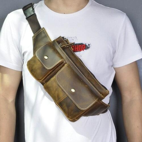 Fashion Quality Leather Male Crossbody Sling Bag Design Casual Travel 7" Tablet Case Pouch Travel Fanny Waist Belt Bag Men 9802