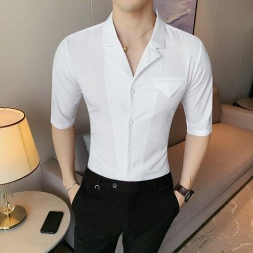 Korean Style V-neck Mens Shirt 2021 Summer Short Sleeve Slim Fit Streetwear Shirts Male Business Dress Social Party Blouse