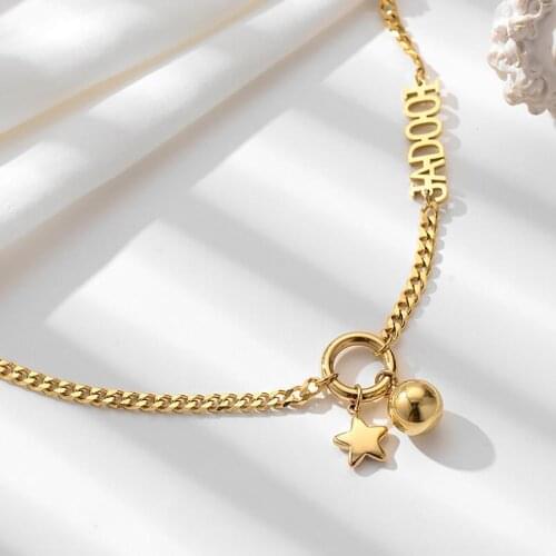 Stainless Steel Women Fashion Gold Star and Bead Chain Link Delicate Pendant Necklace Minimalism Jewelry Gift For Him