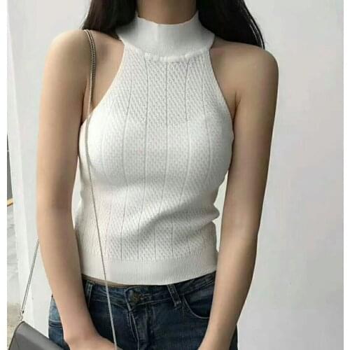 New Summer Women Crop Tops Slim Knitted Halter Neck Off Shoulder Sexy Top Girls Knit Sleeveless Short Tee T-Shirt