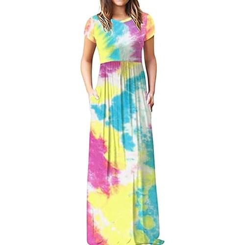 Summer Women Gradient Print Pockets Casual Maxi Dress Oversized Ladies Short Sleeve Loose Long Dresses платье рубашка женская