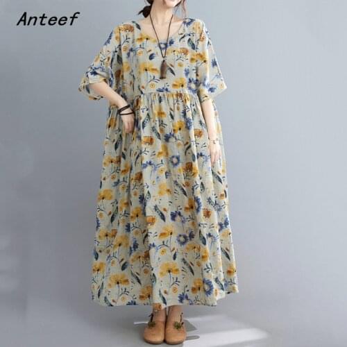 Short sleeve cotton vintage floral dresses for women casual loose long woman summer dress elegant clothes 2021