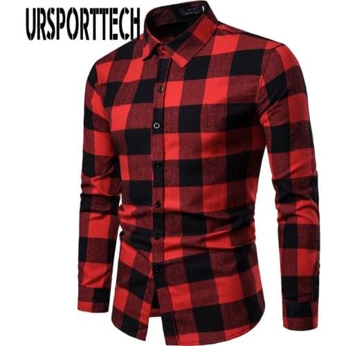 URSPORTTECH Red Black Plaid Shirt Men Spring Autumn Mens Brand Casual Long-sleeved Shirt Slim Fit Soft Comfortable Mens Shirts