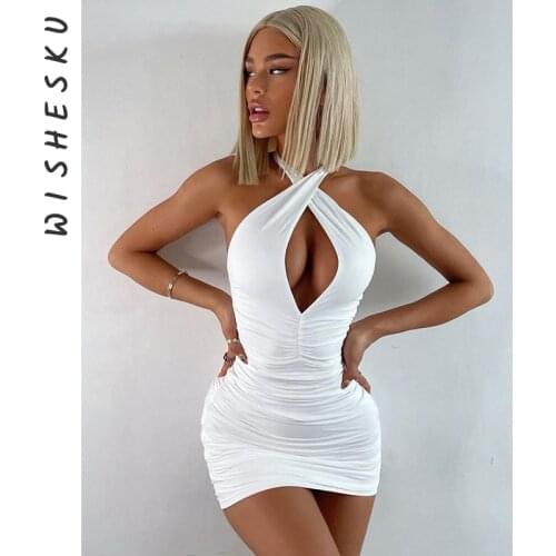 Halter Ruched Bodycon Sexy Dress 2021 Summer Womens Sleeveless Backless Mini Dresses Elegant Skinny Outfit Party Clubwear