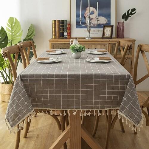 Grey Plaid Decorative Tablecloth With Tassel Waterproof Rectangular Square Table Cloth Covers For Home Kitchen Dining Room Decor