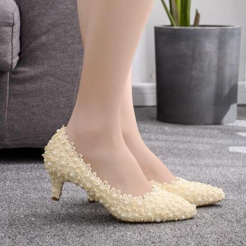 Women Fashion White Pearl High Heels Lace Bride Shoes Wedding Shoes Pumps Ladies Heels 5CM Sweet Bridal Shoes Beading Wedges
